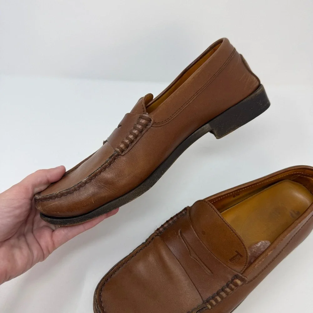 Tods Mens Size 6.5 UK 7.5 US Tan Leather Penny Loafers Made in Italy Brown